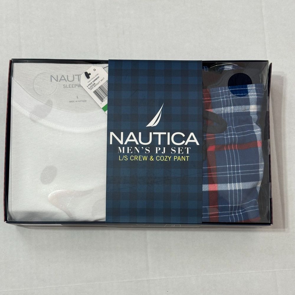 Nautica Sz L Men's PJ Set White Blue Multi Crew Neck Cozy Pants - Picture 10 of 12